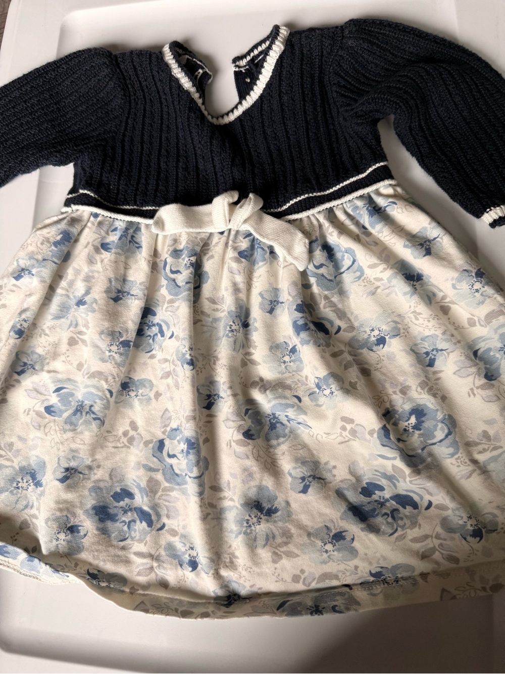 Emile et Ida Navy Knit Top with Cream & Blue Floral Skirt Dress